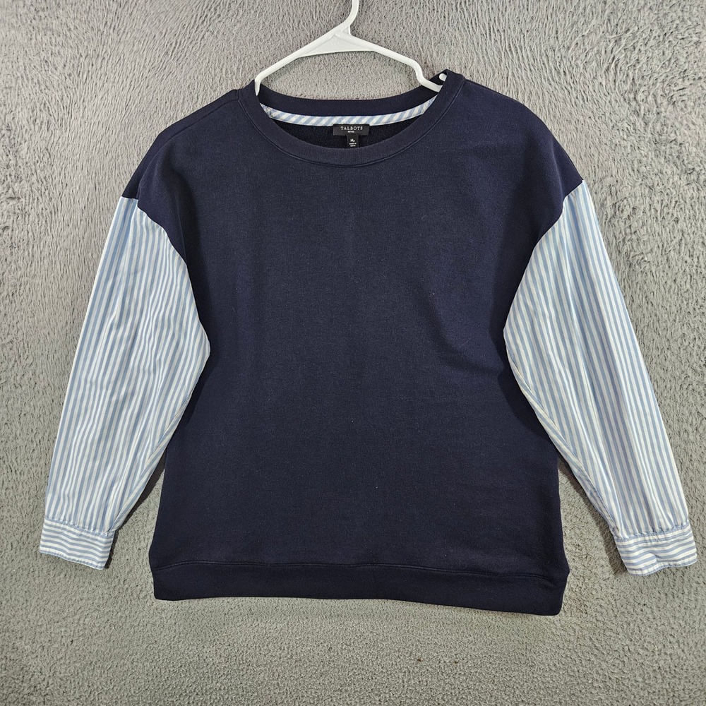 Talbots Petite Mixed Media‎ Sweatshirt Navy Blue Striped Woven Sleeves Mp